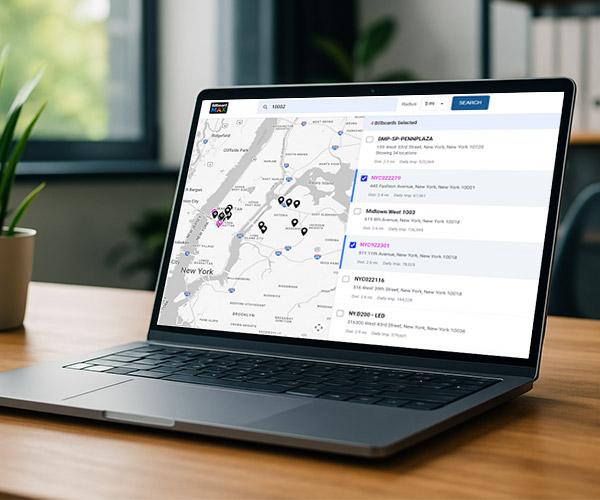 Map view of available billboards filtered by ZIP code