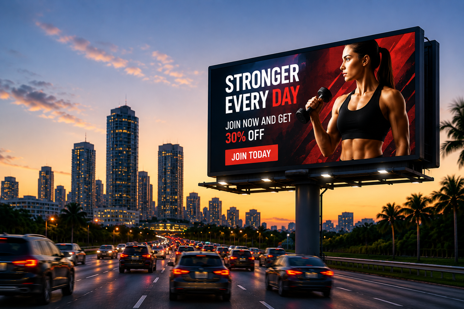 Live digital billboard at golden hour next to a busy highway
