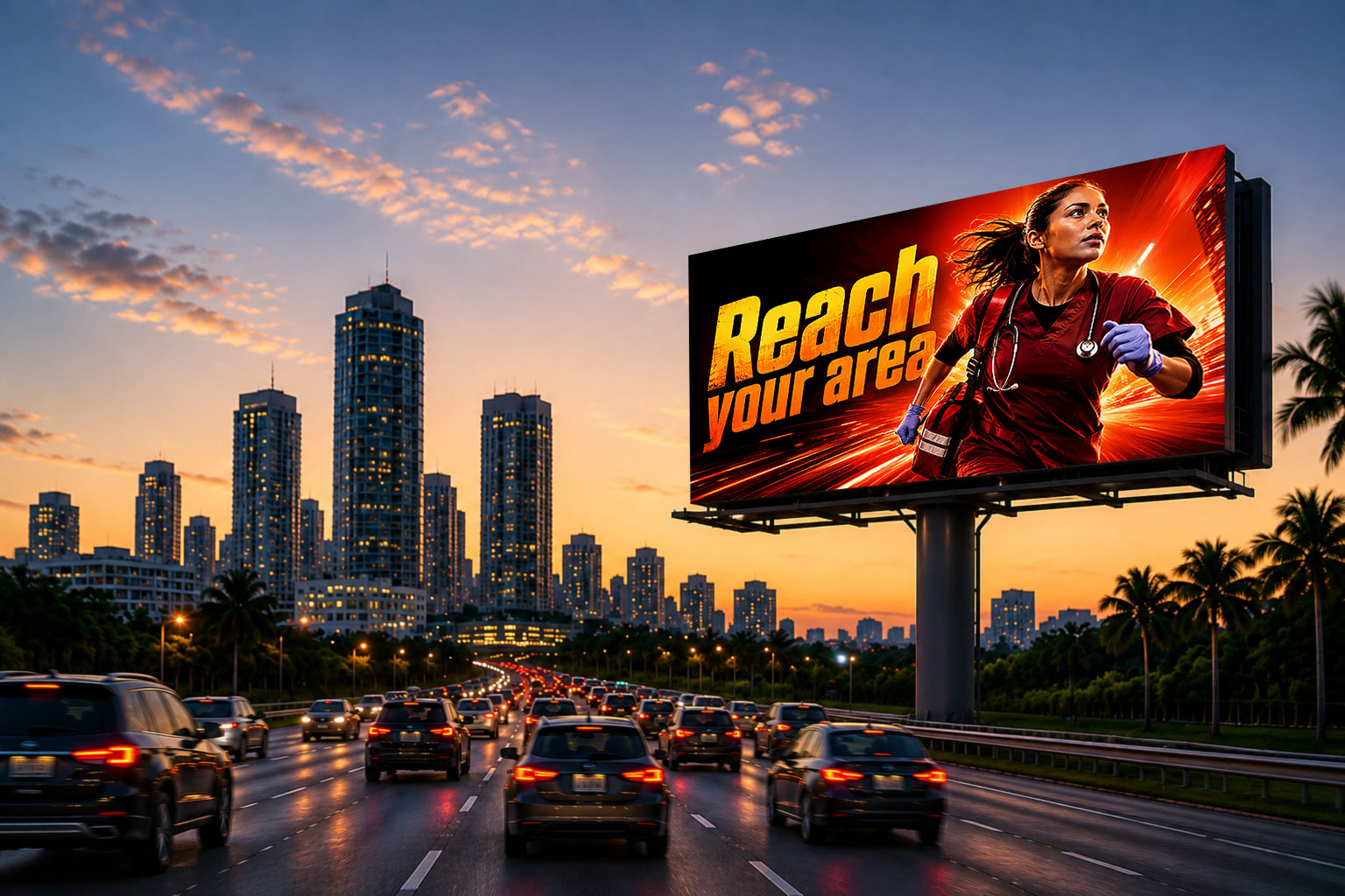 Digital billboard campaign displayed above a busy city highway