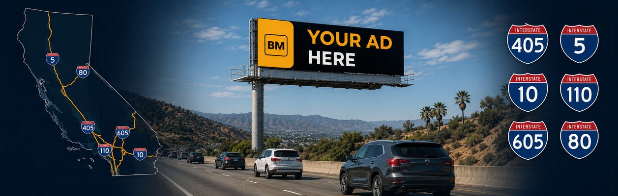 California billboard map with I-5, I-405, US-101, I-10, and SR-99