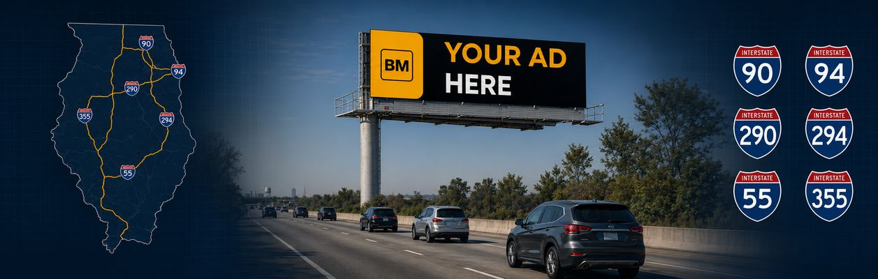 Digital billboard map for Illinois routes including I-90, I-94, I-294, I-55, and I-80