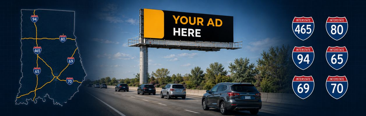 Indiana digital billboard advertising map showing options near I-465, I-65, I-70, I-69, and I-80/I-94
