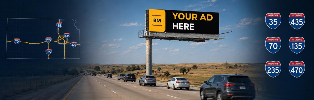 Kansas digital billboard map showing US-54, I-135, I-235, I-70, and I-35 corridors