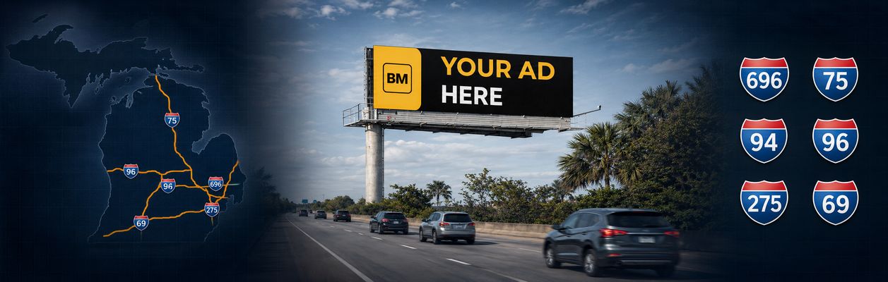 Digital billboard locations across Michigan highways, Detroit freeways, and Grand Rapids metro routes