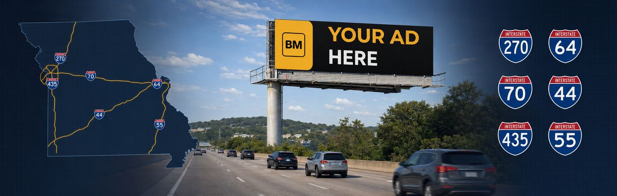 Digital billboard locations across Missouri highways I-70, I-44, I-64, and major Kansas City and St. Louis metro routes