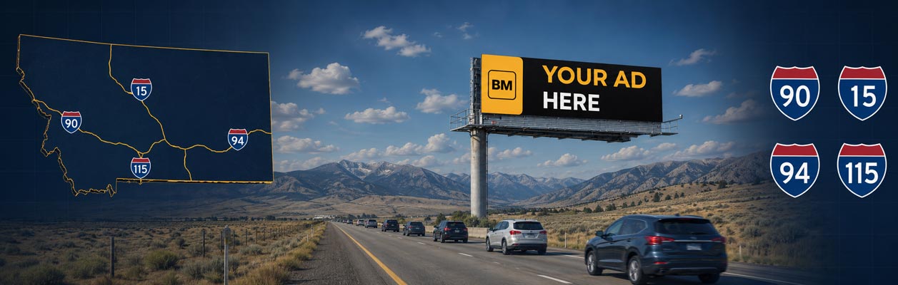 Montana digital billboard map with I-90, I-15, I-94, US-93, and US-191 corridors