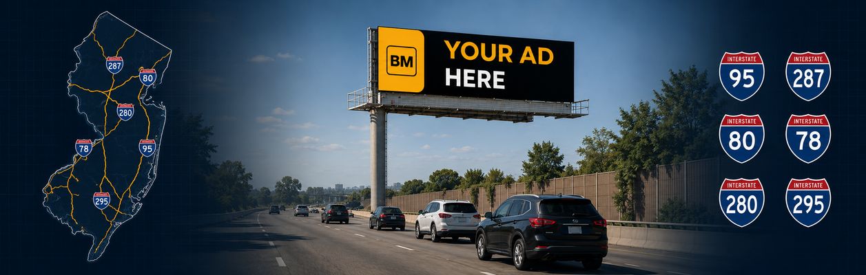 New Jersey billboard map showing Turnpike, Garden State Parkway, I-80, I-287, and I-78