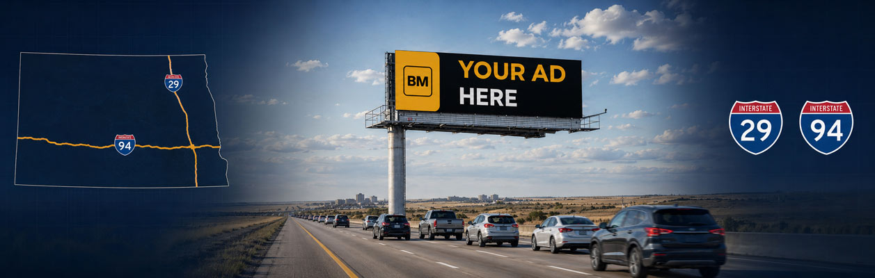 North Dakota digital billboard map featuring I-94, I-29, US-83, US-2, and US-85