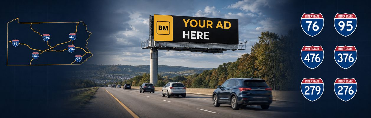 Pennsylvania billboard map with I-95, I-76, I-81, I-476, US-22 corridors