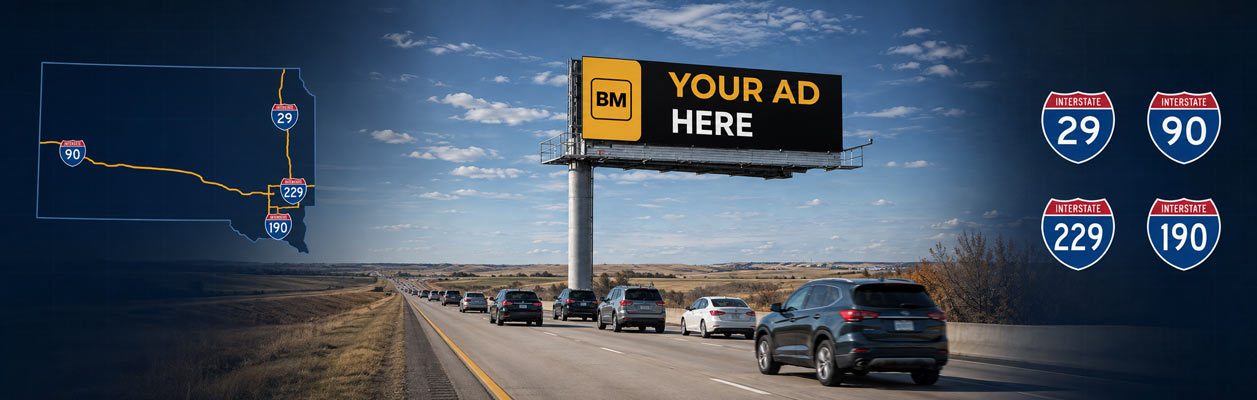 Digital billboard locations across South Dakota highways and metro routes including I-29 and I-90