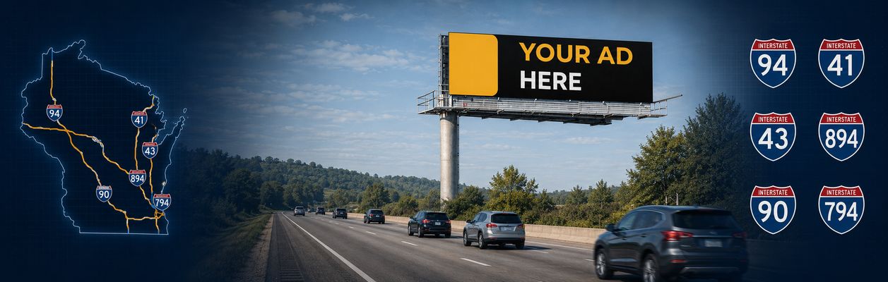 Digital billboard locations across Wisconsin highways I-94, I-41, I-43, and major Milwaukee and Madison metro routes.