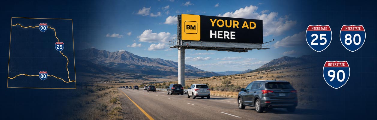 Digital billboard locations across Wyoming highways including I-25, I-80, I-90 and major metro routes